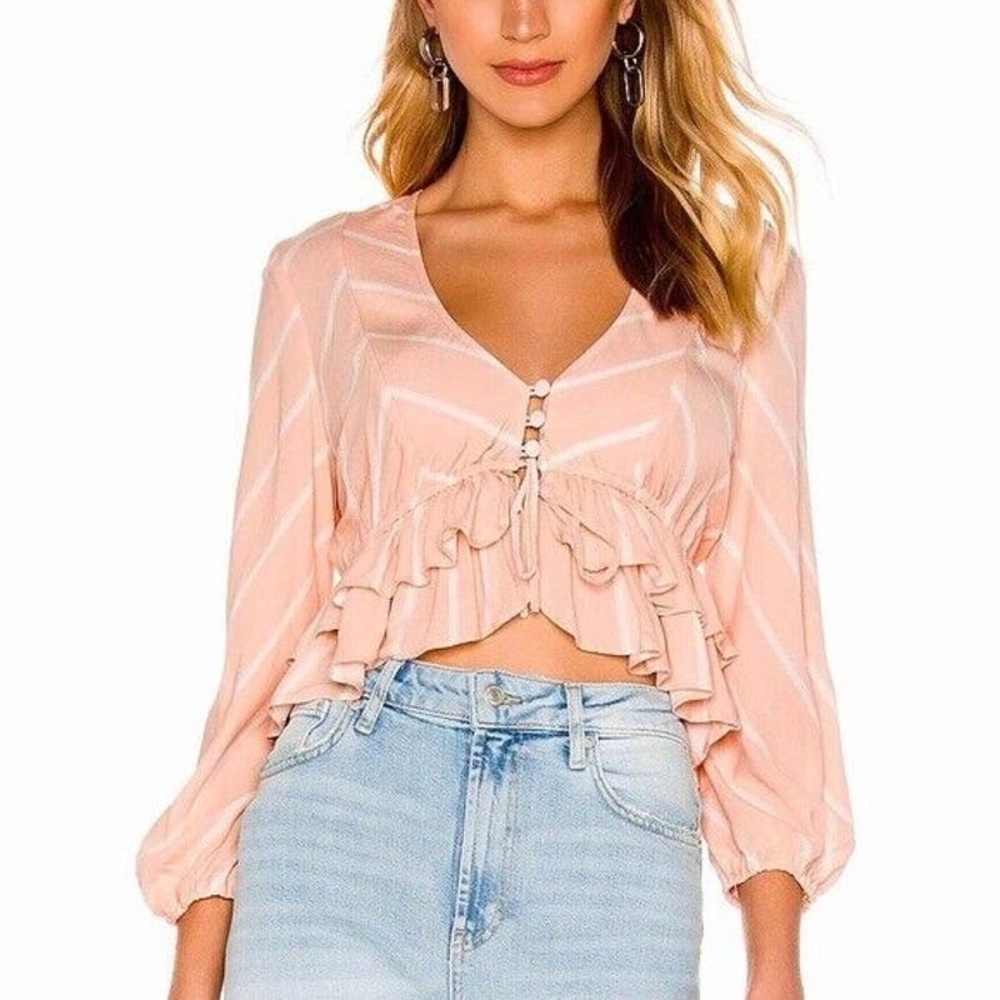 Free People Samifran Long Sleeve Tie Front Peach Ruffle Fairycore Festival Top M